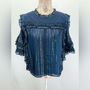 MISA LOS ANGELES Navy blue with gold stripe ruffle accent blouse size M